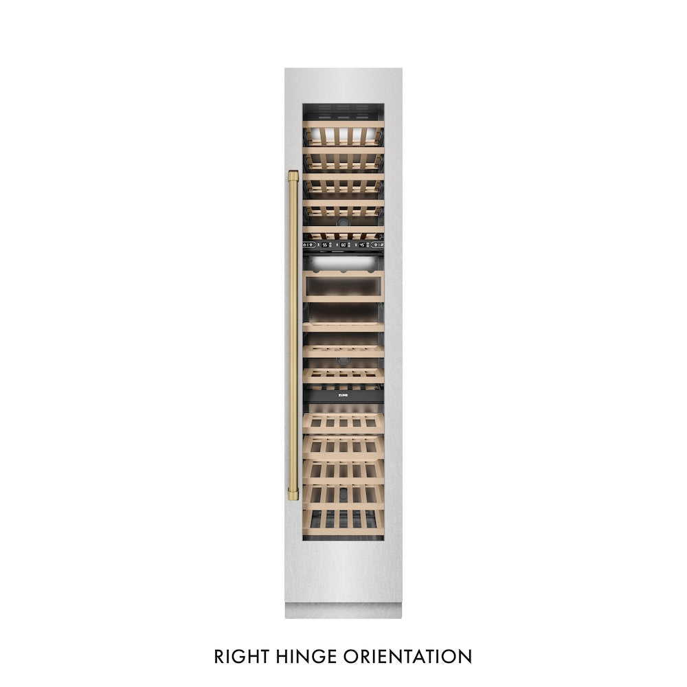 ZLINE Autograph Edition 18 in. 9.0 cu. ft. Triple Zone 68 Bottle Right Hinge Column Wine Cooler in DuraSnow® Stainless Steel with Champagne Bronze Accents (RCWVRZ-SN-18-CB)