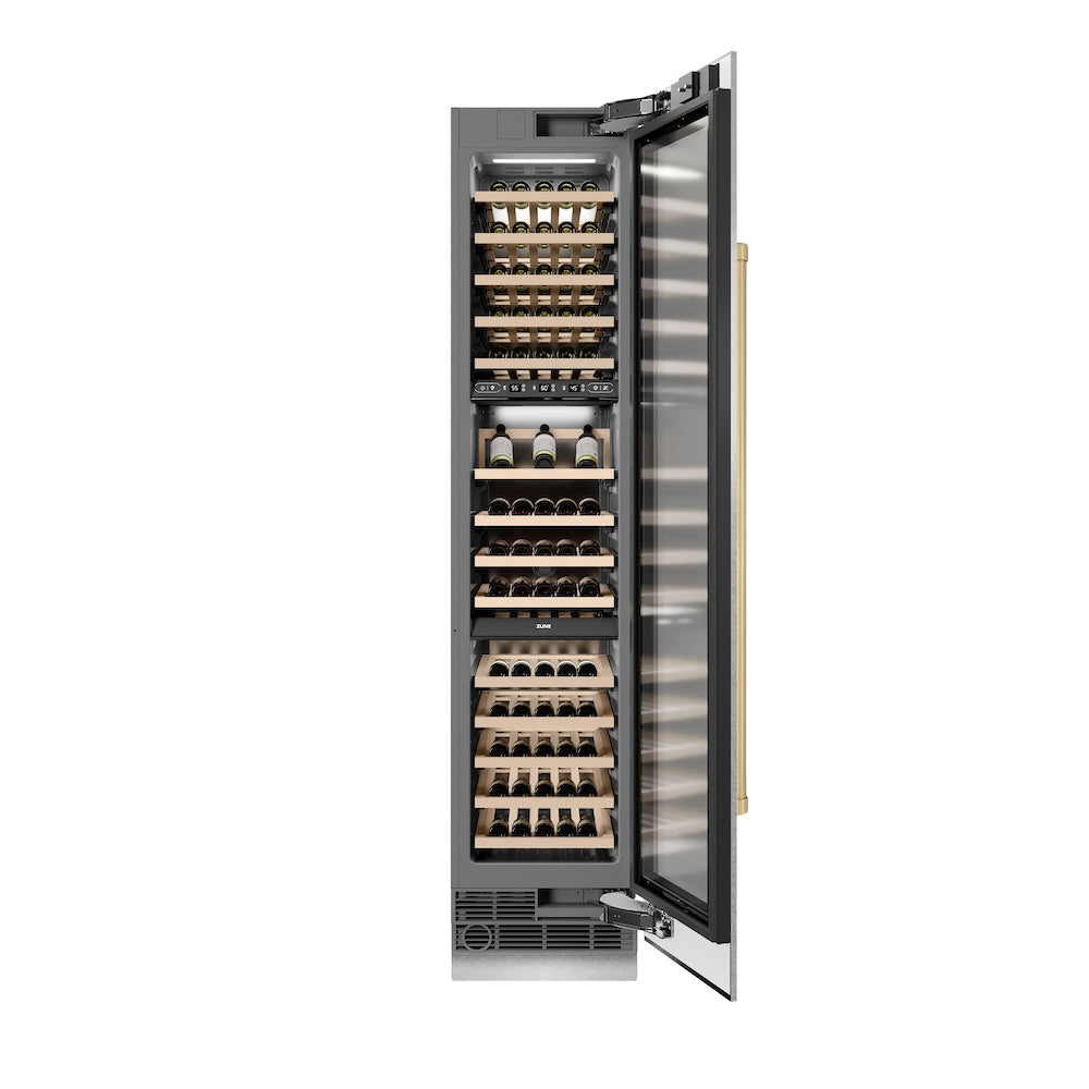 ZLINE Autograph Edition 18 in. 9.0 cu. ft. Triple Zone 68 Bottle Right Hinge Column Wine Cooler in DuraSnow® Stainless Steel with Champagne Bronze Accents (RCWVRZ-SN-18-CB)