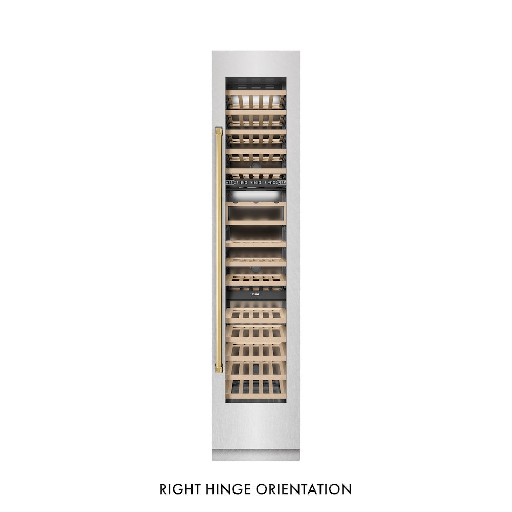 ZLINE Autograph Edition 18 in. 9.0 cu. ft. Triple Zone 68 Bottle Right Hinge Column Wine Cooler in DuraSnow® Stainless Steel with Polished Gold Accents (RCWVRZ-SN-18-G)