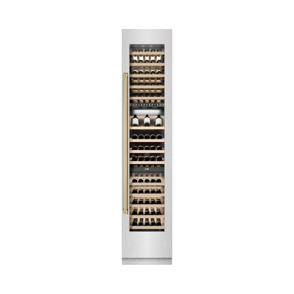 ZLINE Autograph Edition 18 in. 9.0 cu. ft. Triple Zone 68 Bottle Right Hinge Column Wine Cooler in DuraSnow® Stainless Steel with Polished Gold Accents (RCWVRZ-SN-18-G)