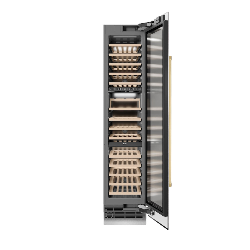 ZLINE Autograph Edition 18 in. 9.0 cu. ft. Triple Zone 68 Bottle Right Hinge Column Wine Cooler in DuraSnow® Stainless Steel with Polished Gold Accents (RCWVRZ-SN-18-G)