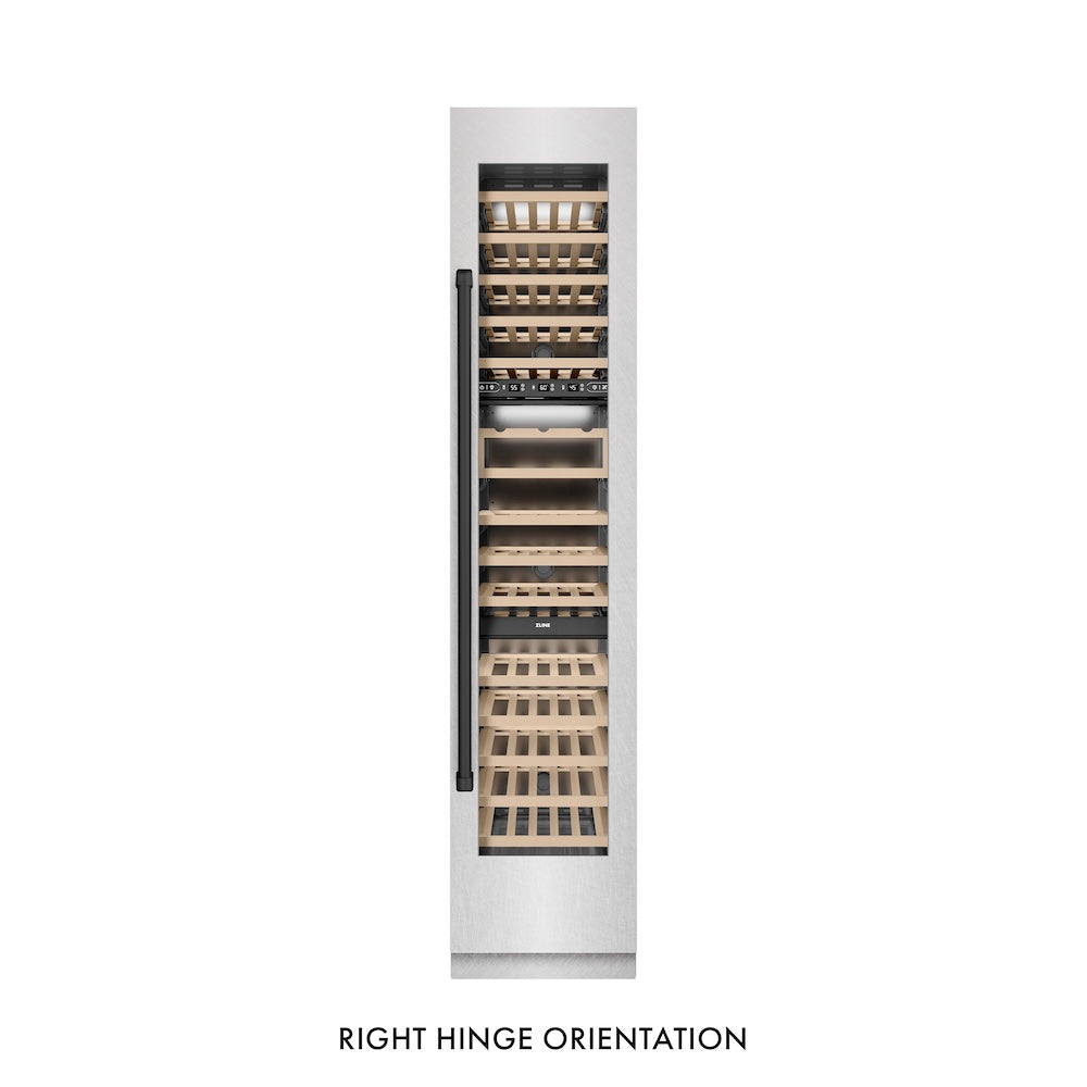 ZLINE Autograph Edition 18 in. 9.0 cu. ft. Triple Zone 68 Bottle Right Hinge Column Wine Cooler in DuraSnow® Stainless Steel with Matte Black Accents (RCWVRZ-SN-18-MB)