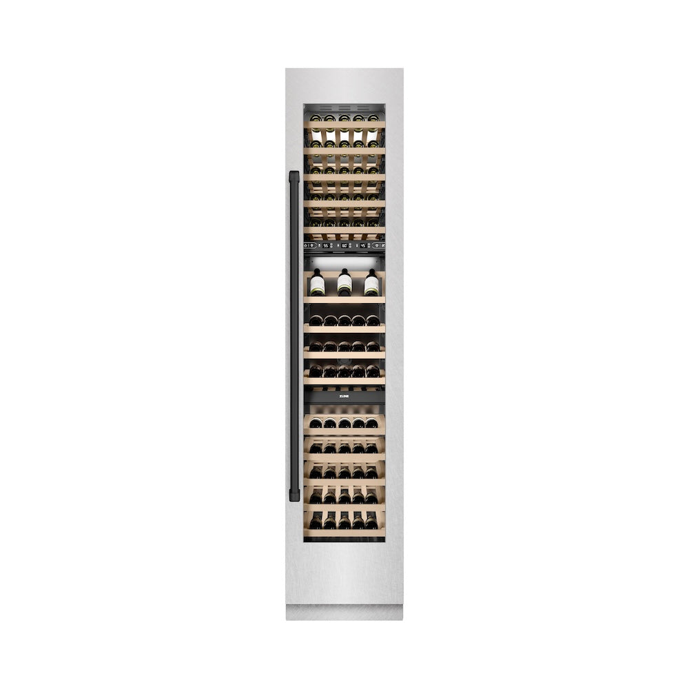 ZLINE Autograph Edition 18 in. 9.0 cu. ft. Triple Zone 68 Bottle Right Hinge Column Wine Cooler in DuraSnow® Stainless Steel with Matte Black Accents (RCWVRZ-SN-18-MB)