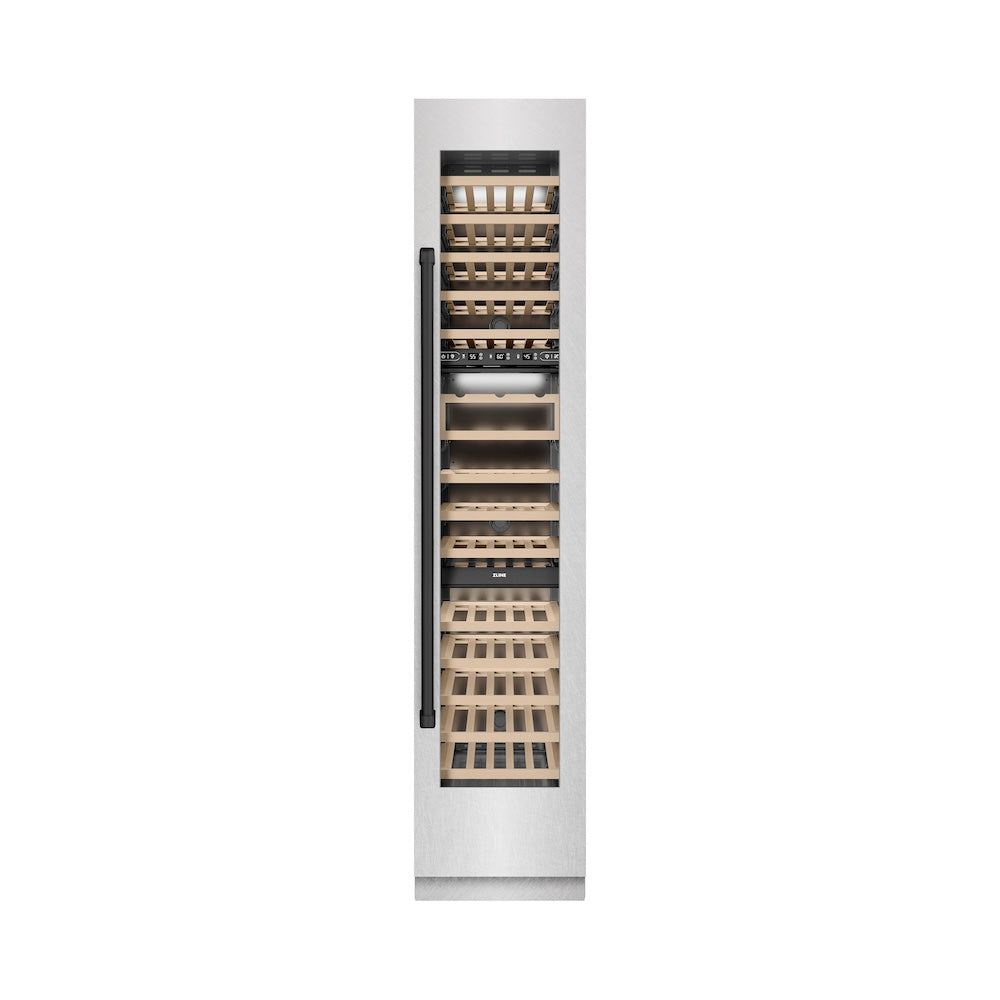 ZLINE Autograph Edition 18 in. 9.0 cu. ft. Triple Zone 68 Bottle Right Hinge Column Wine Cooler in DuraSnow® Stainless Steel with Matte Black Accents (RCWVRZ-SN-18-MB)