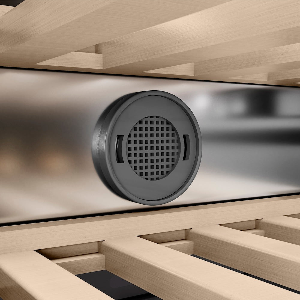 ZLINE Autograph Edition 24 in. 12.4 cu. ft. Triple Zone 100 Bottle Column Wine Cooler in DuraSnow® Stainless Steel and Champagne Bronze Accents (RCWVZ-SN-24-CB)