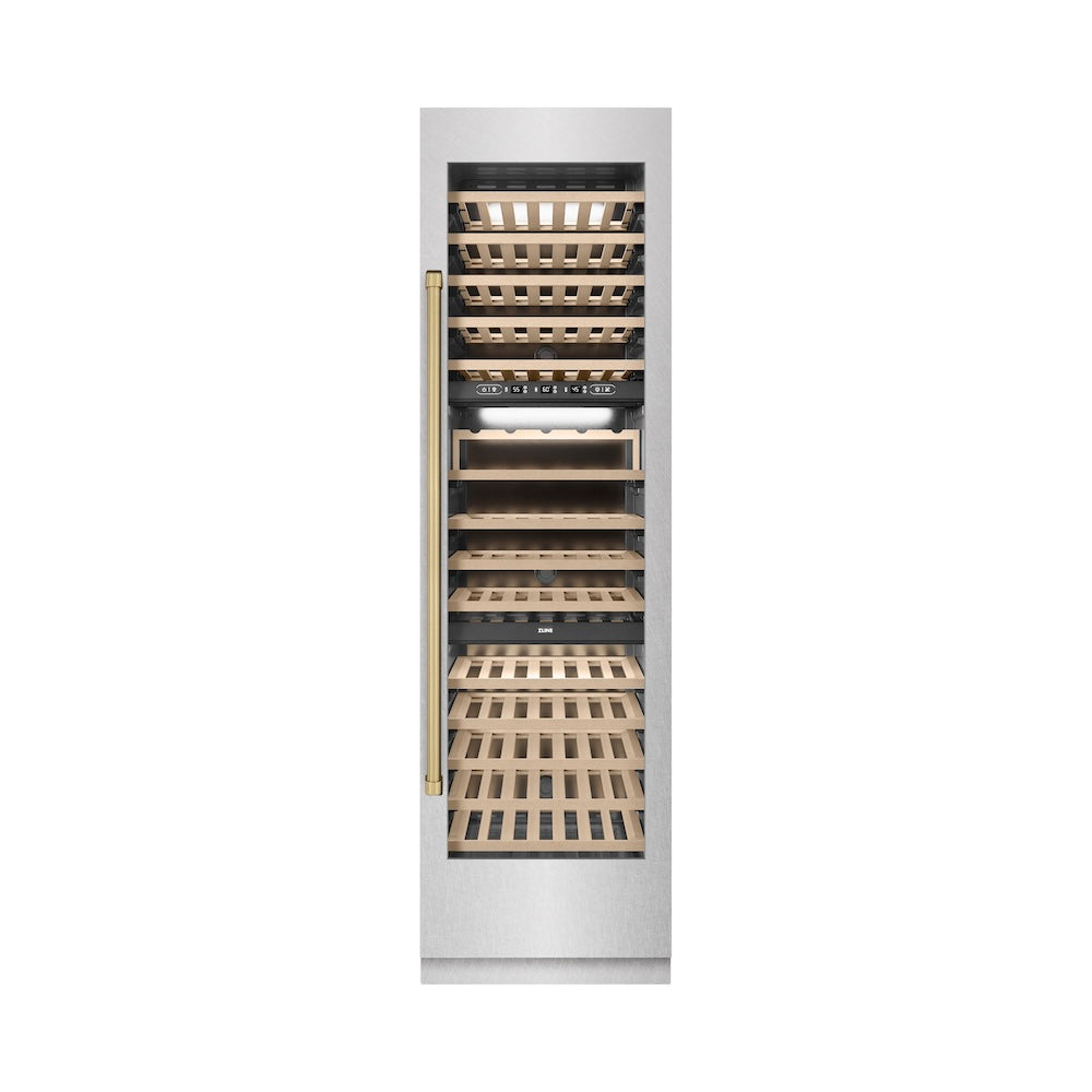 ZLINE Autograph Edition 24 in. 12.4 cu. ft. Triple Zone 100 Bottle Column Wine Cooler in DuraSnow® Stainless Steel and Champagne Bronze Accents (RCWVZ-SN-24-CB)