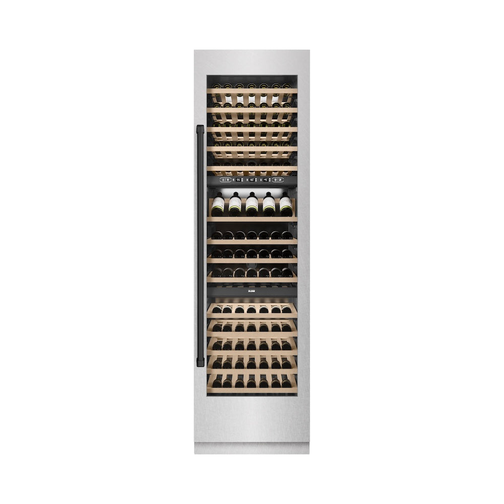 ZLINE Autograph Edition 24 in. 12.4 cu. ft. Triple Zone 100 Bottle Column Wine Cooler in DuraSnow® Stainless Steel and Matte Black Accents (RCWVZ-SN-24-MB)