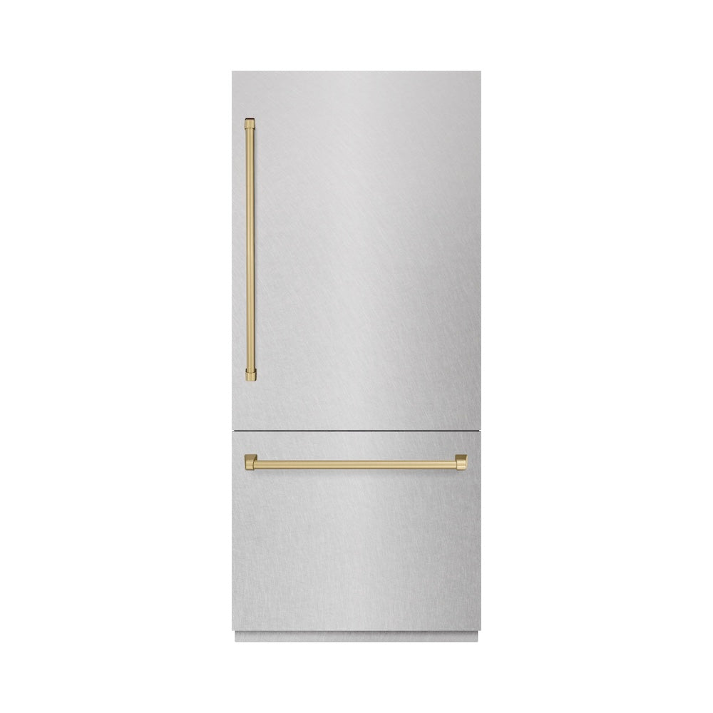 ZLINE Autograph Edition 36 in. 19.8 cu. ft. Built-In Bottom Freezer Refrigerator with Water Dispenser and Ice Maker in DuraSnow® Stainless Steel with Graphite Gray Interior and Champagne Bronze Accents (GRBITZ-SN-36-CB)