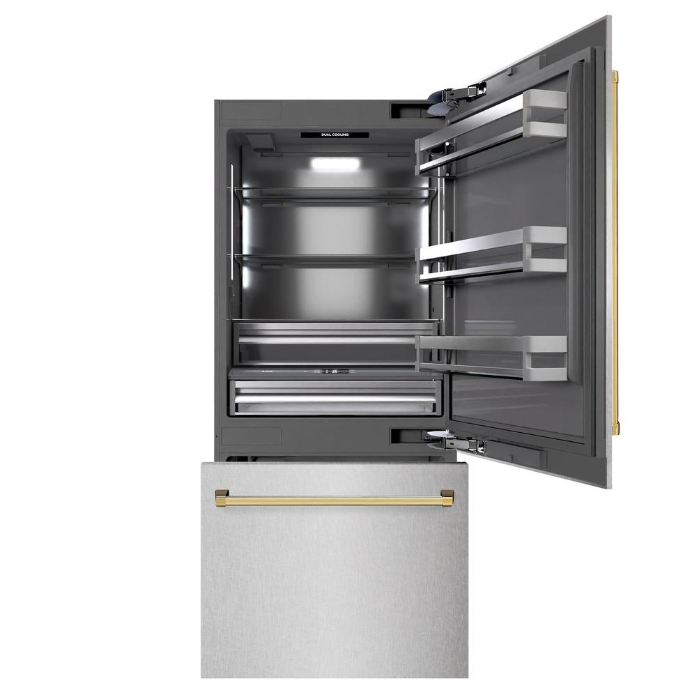 ZLINE Autograph Edition 36 in. 19.8 cu. ft. Built-In Bottom Freezer Refrigerator with Water Dispenser and Ice Maker in DuraSnow® Stainless Steel with Graphite Gray Interior and Polished Gold Accents (GRBITZ-SN-36-G)