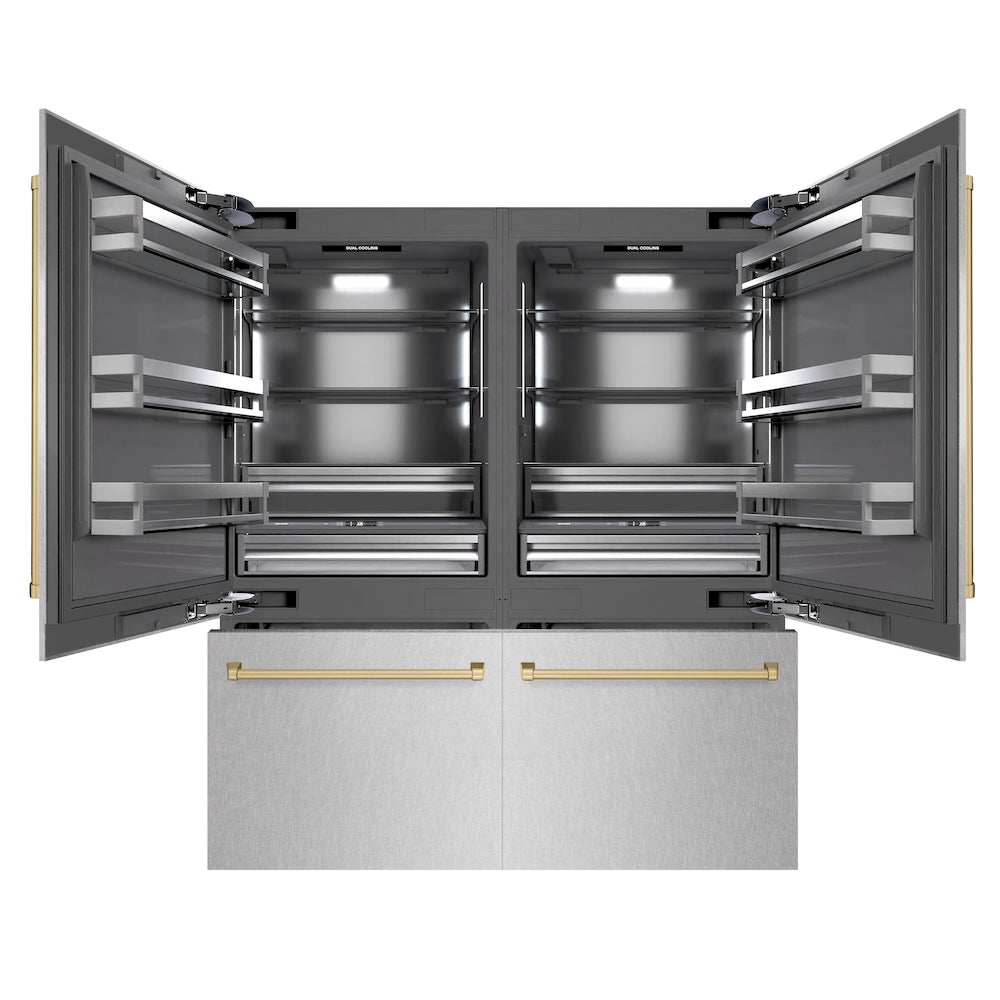 ZLINE Autograph Edition 72 in. 39.6 cu. ft. French Door Built-In Bottom Freezer Refrigerator with Water Dispensers and Ice Makers in DuraSnow® Stainless Steel with Graphite Gray Interior and Champagne Bronze Accents (GRBITZ-SN-72-CB)