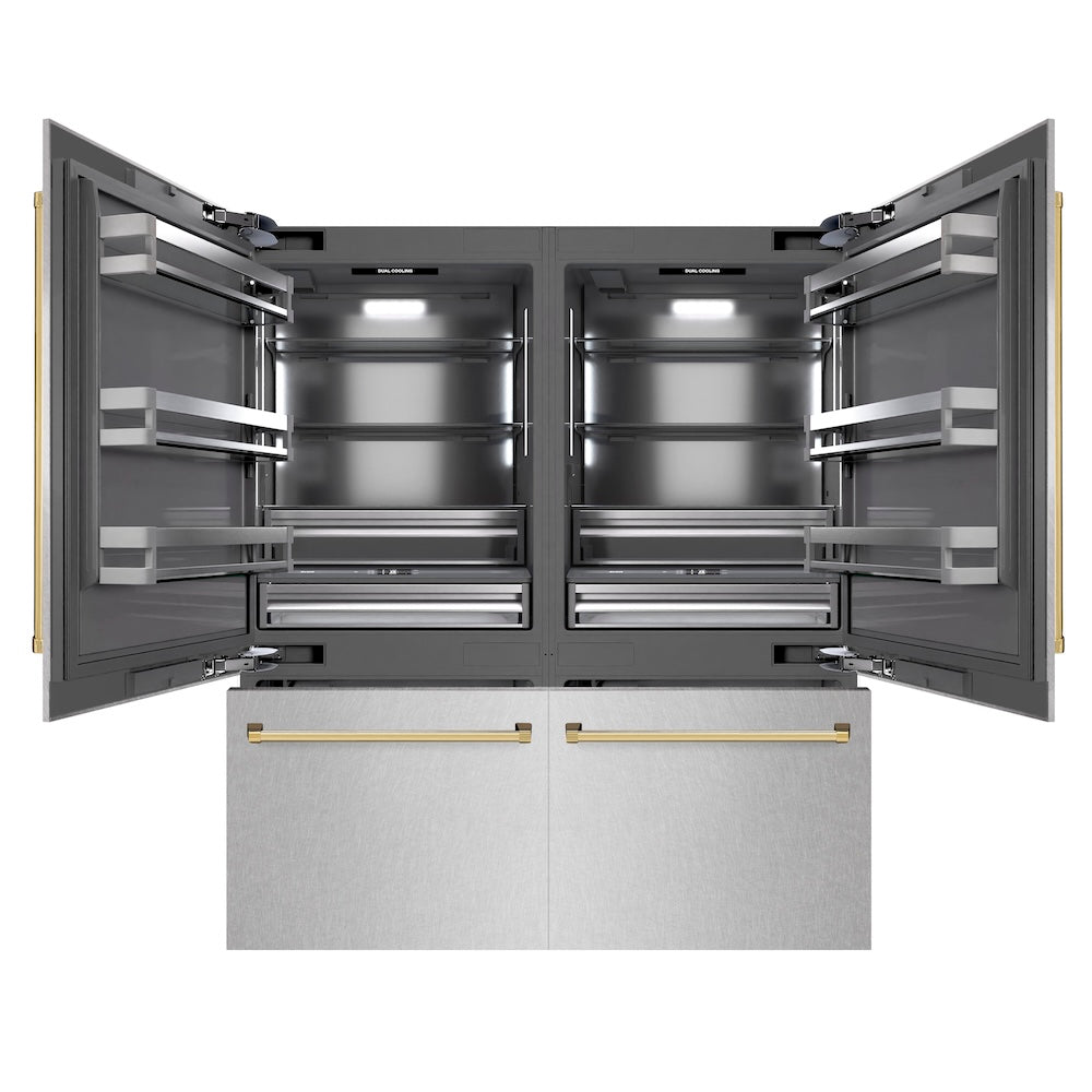 ZLINE Autograph Edition 72 in. 39.6 cu. ft. French Door Built-In Bottom Freezer Refrigerator with Water Dispensers and Ice Makers in DuraSnow® Stainless Steel with Graphite Gray Interior and Polished Gold Accents (GRBITZ-SN-72-G)