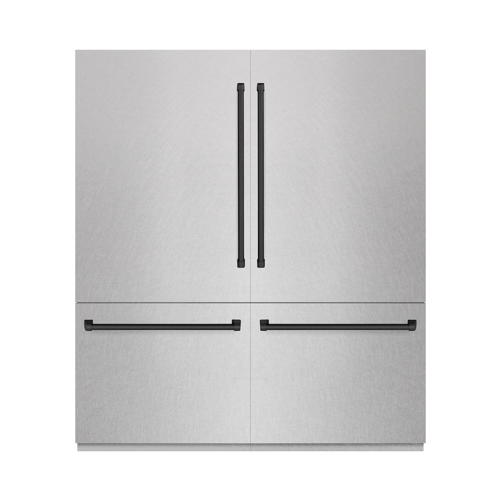ZLINE Autograph Edition 72 in. 39.6 cu. ft. French Door Built-In Bottom Freezer Refrigerator with Water Dispensers and Ice Makers in DuraSnow® Stainless Steel with Graphite Gray Interior and Matte Black Accents (GRBITZ-SN-72-MB)