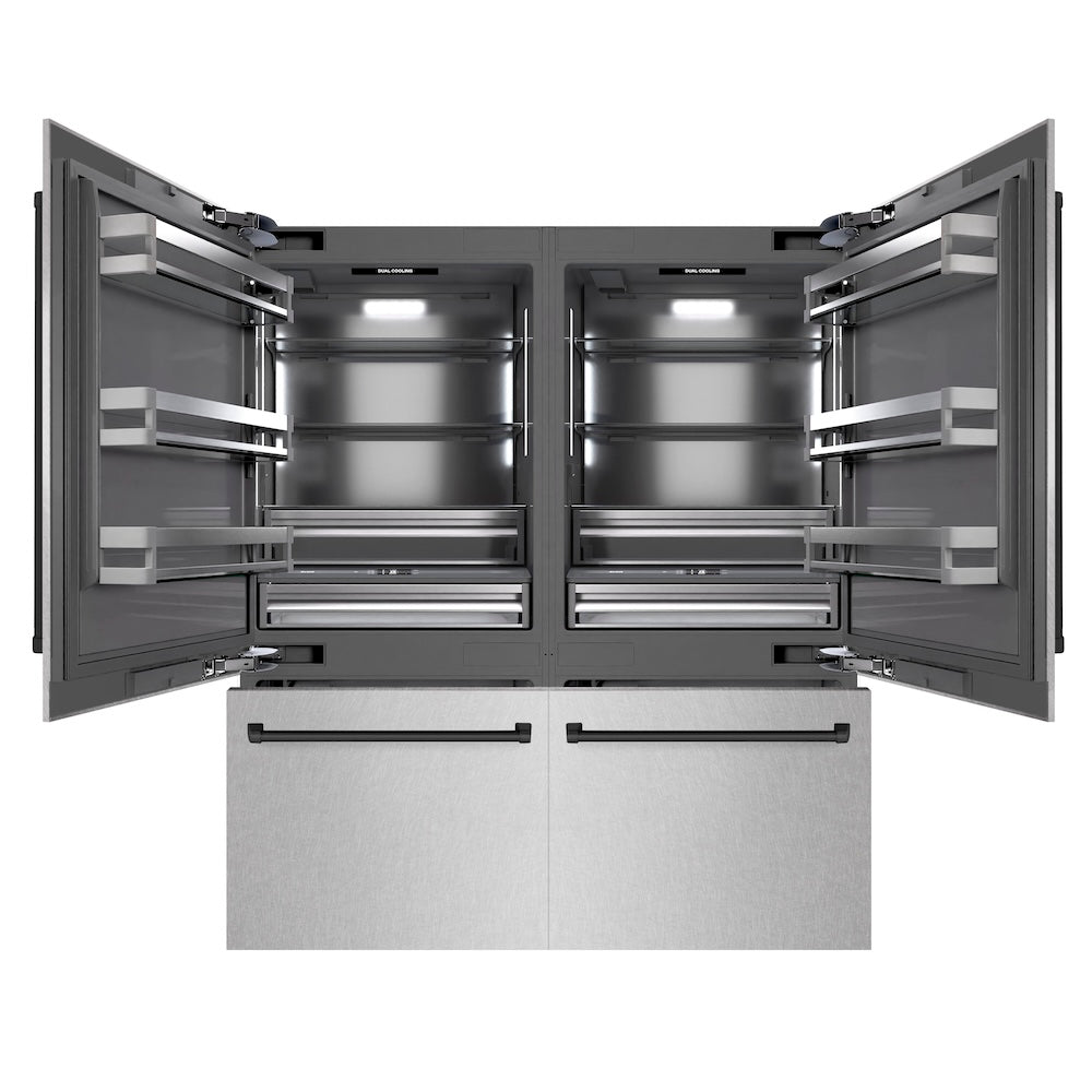 ZLINE Autograph Edition 72 in. 39.6 cu. ft. French Door Built-In Bottom Freezer Refrigerator with Water Dispensers and Ice Makers in DuraSnow® Stainless Steel with Graphite Gray Interior and Matte Black Accents (GRBITZ-SN-72-MB)