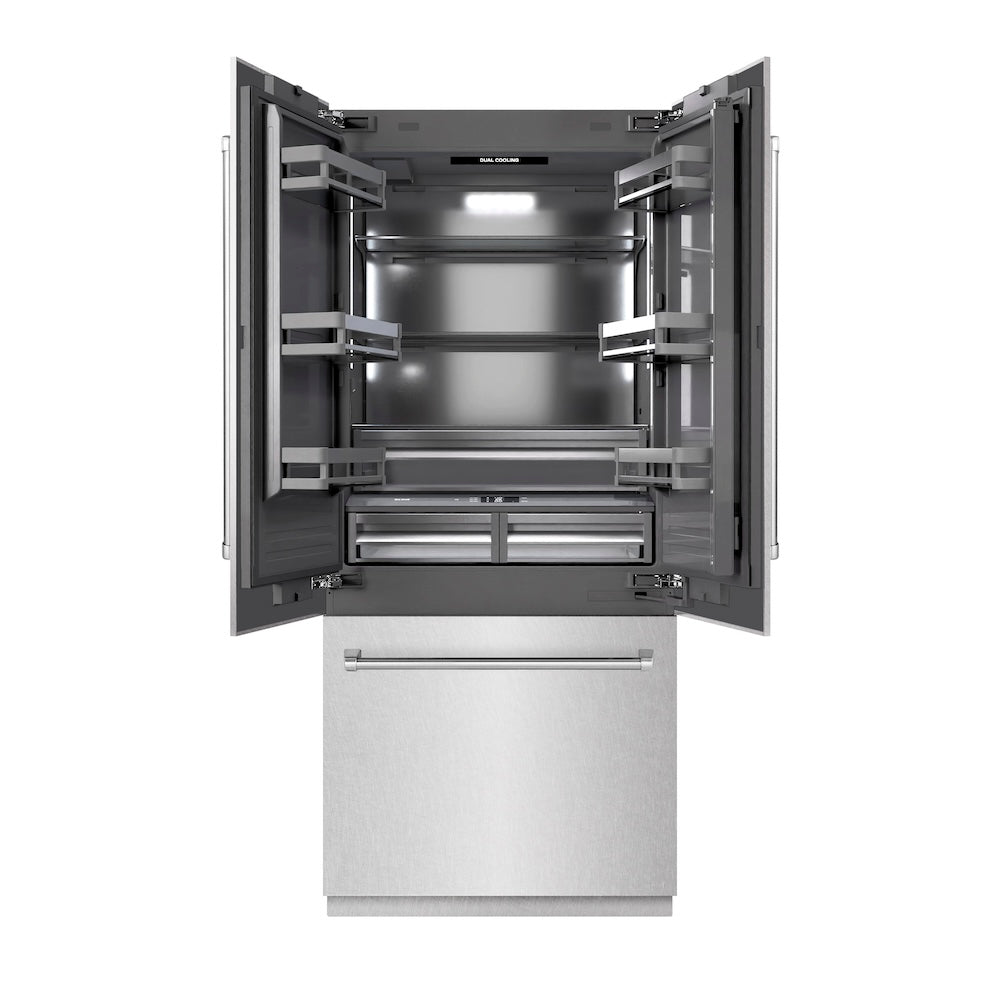 ZLINE 36 in. 19.6 cu. ft. French Door Built-In Bottom Freezer Refrigerator with Water Dispenser and Ice Maker in DuraSnow® Stainless Steel with Graphite Gray Interior (GRBIV-SN-36)