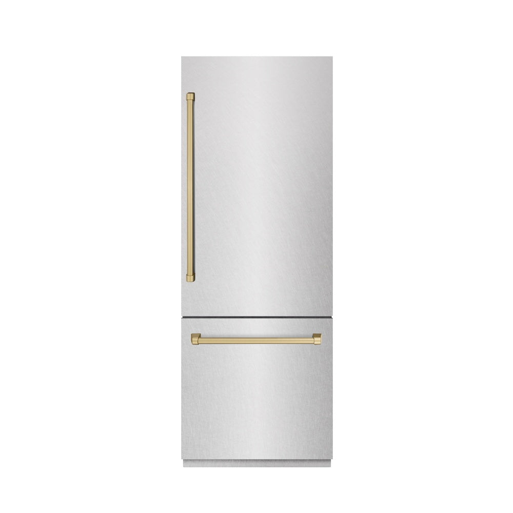 ZLINE Autograph Edition 30 in. 16.1 cu. ft. Built-In Bottom Freezer Refrigerator with Water Dispenser and Ice Maker in DuraSnow® Stainless Steel with Graphite Gray Interior and Champagne Bronze Accents (GRBIVZ-SN-30-CB)