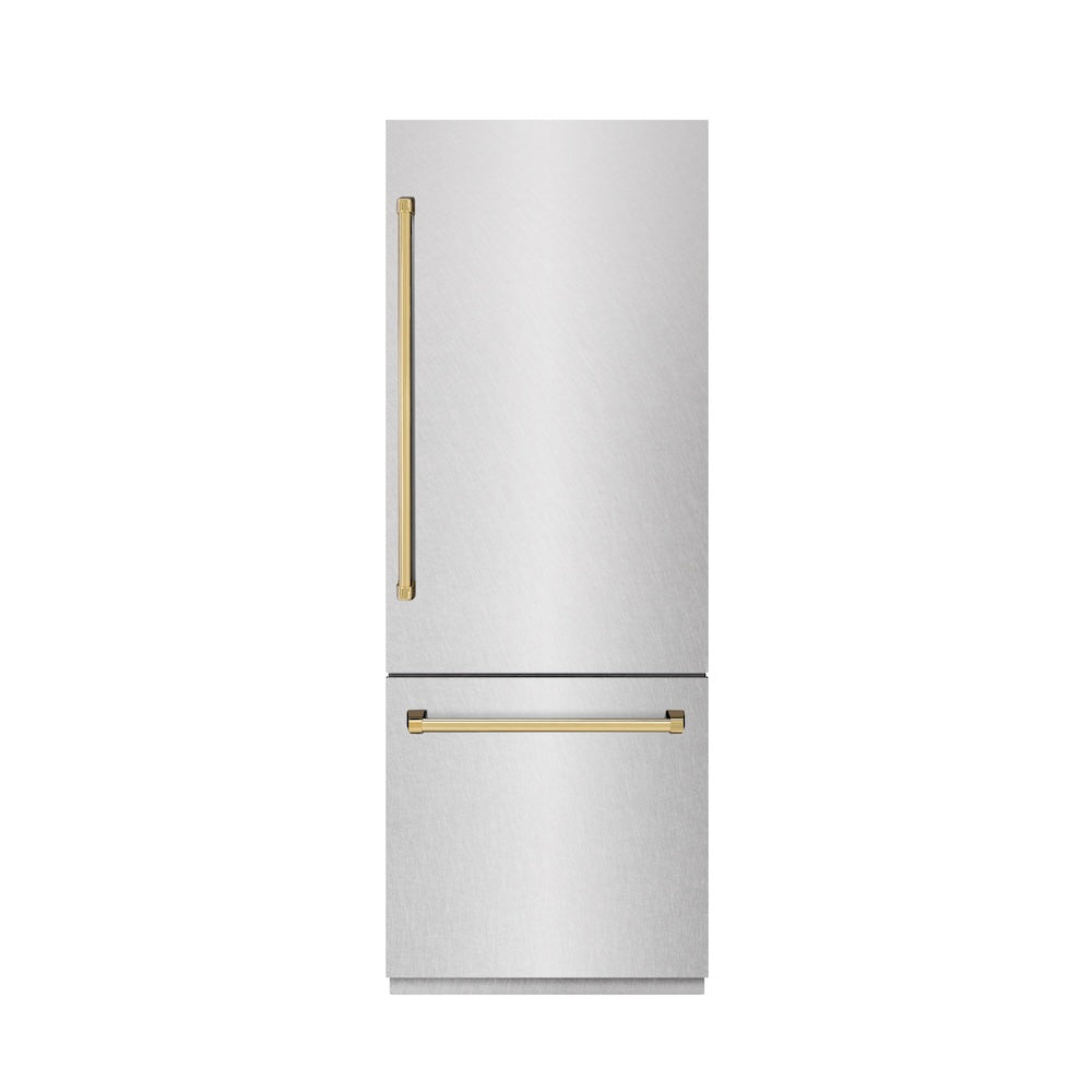 ZLINE Autograph Edition 30 in. 16.1 cu. ft. Built-In Bottom Freezer Refrigerator with Water Dispenser and Ice Maker in DuraSnow® Stainless Steel with Graphite Gray Interior and Polished Gold Accents (GRBIVZ-SN-30-G)