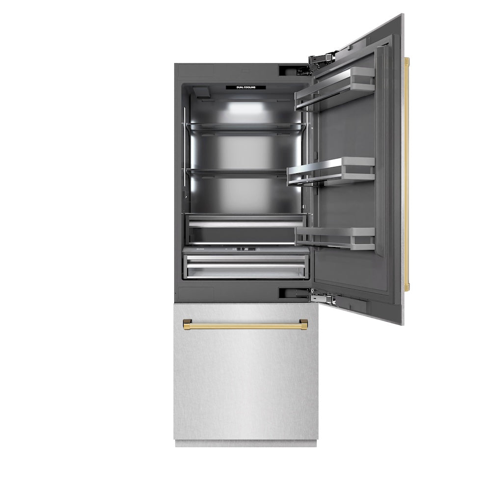 ZLINE Autograph Edition 30 in. 16.1 cu. ft. Built-In Bottom Freezer Refrigerator with Water Dispenser and Ice Maker in DuraSnow® Stainless Steel with Graphite Gray Interior and Polished Gold Accents (GRBIVZ-SN-30-G)
