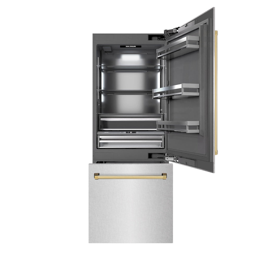 ZLINE Autograph Edition 30 in. 16.1 cu. ft. Built-In Bottom Freezer Refrigerator with Water Dispenser and Ice Maker in DuraSnow® Stainless Steel with Graphite Gray Interior and Polished Gold Accents (GRBIVZ-SN-30-G)