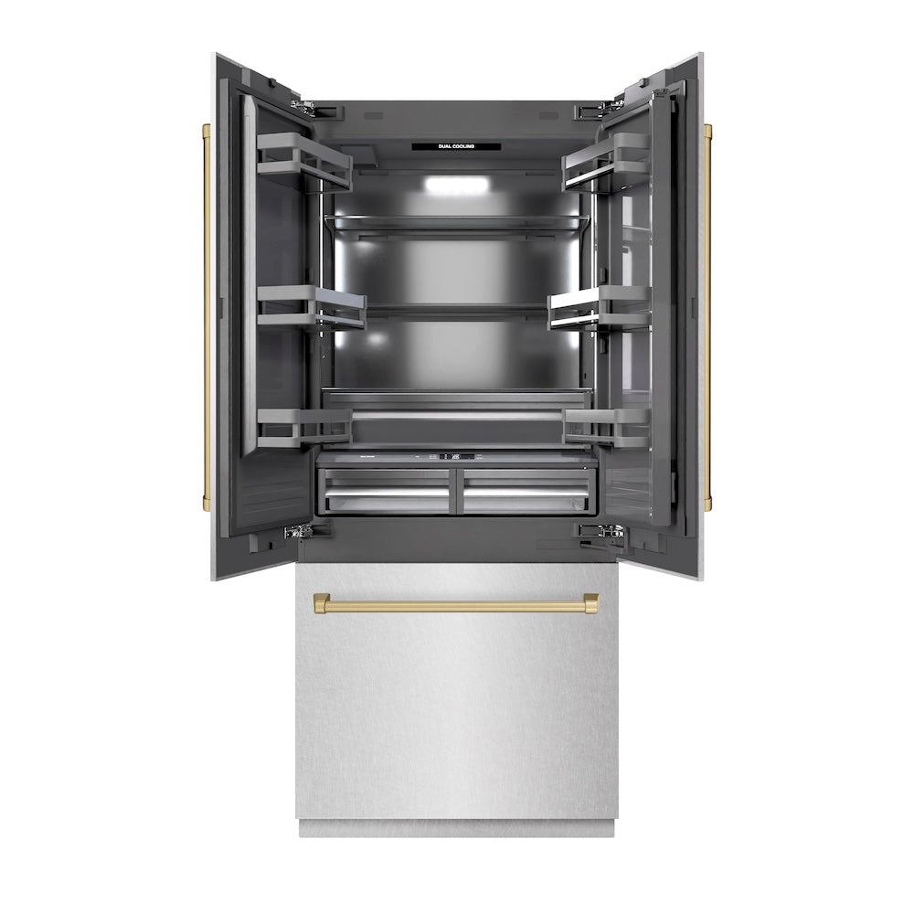 ZLINE Autograph Edition 36 in. 19.6 cu. ft. French Door Built-In Bottom Freezer Refrigerator with Water Dispenser and Ice Maker in DuraSnow® Stainless Steel with Graphite Gray Interior and Champagne Bronze Accents (GRBIVZ-SN-36-CB)