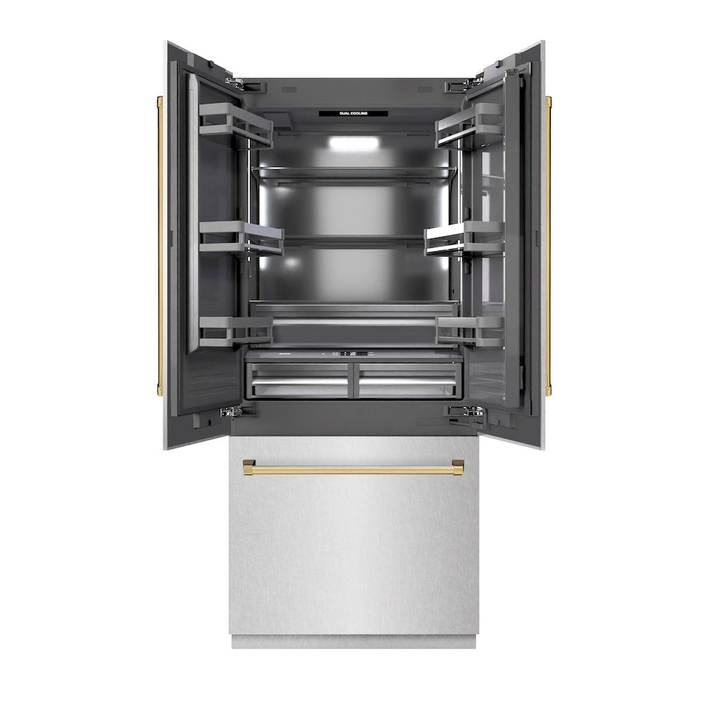 ZLINE Autograph Edition 36 in. 19.6 cu. ft. French Door Built-In Bottom Freezer Refrigerator with Water Dispenser and Ice Maker in DuraSnow® Stainless Steel with Graphite Gray Interior and Polished Gold Accents (GRBIVZ-SN-36-G)