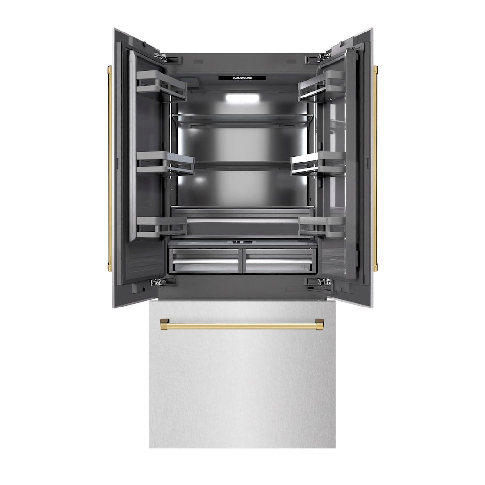 ZLINE Autograph Edition 36 in. 19.6 cu. ft. French Door Built-In Bottom Freezer Refrigerator with Water Dispenser and Ice Maker in DuraSnow® Stainless Steel with Graphite Gray Interior and Polished Gold Accents (GRBIVZ-SN-36-G)