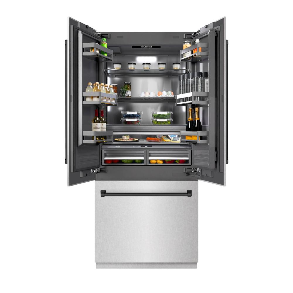 ZLINE Autograph Edition 36 in. 19.6 cu. ft. French Door Built-In Bottom Freezer Refrigerator with Water Dispenser and Ice Maker in DuraSnow® Stainless Steel with Graphite Gray Interior and Matte Black Accents (GRBIVZ-SN-36-MB)