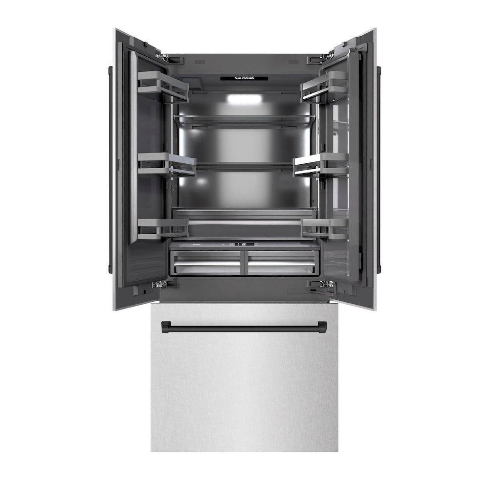 ZLINE Autograph Edition 36 in. 19.6 cu. ft. French Door Built-In Bottom Freezer Refrigerator with Water Dispenser and Ice Maker in DuraSnow® Stainless Steel with Graphite Gray Interior and Matte Black Accents (GRBIVZ-SN-36-MB)