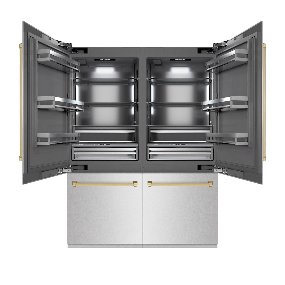 ZLINE Autograph Edition 60 in. 32.2 cu. ft. French Door Built-In Bottom Freezer Refrigerator with Water Dispenser and Ice Maker in DuraSnow® Stainless Steel with Graphite Gray Interior and Champagne Bronze Accents (GRBIVZ-SN-60-CB)