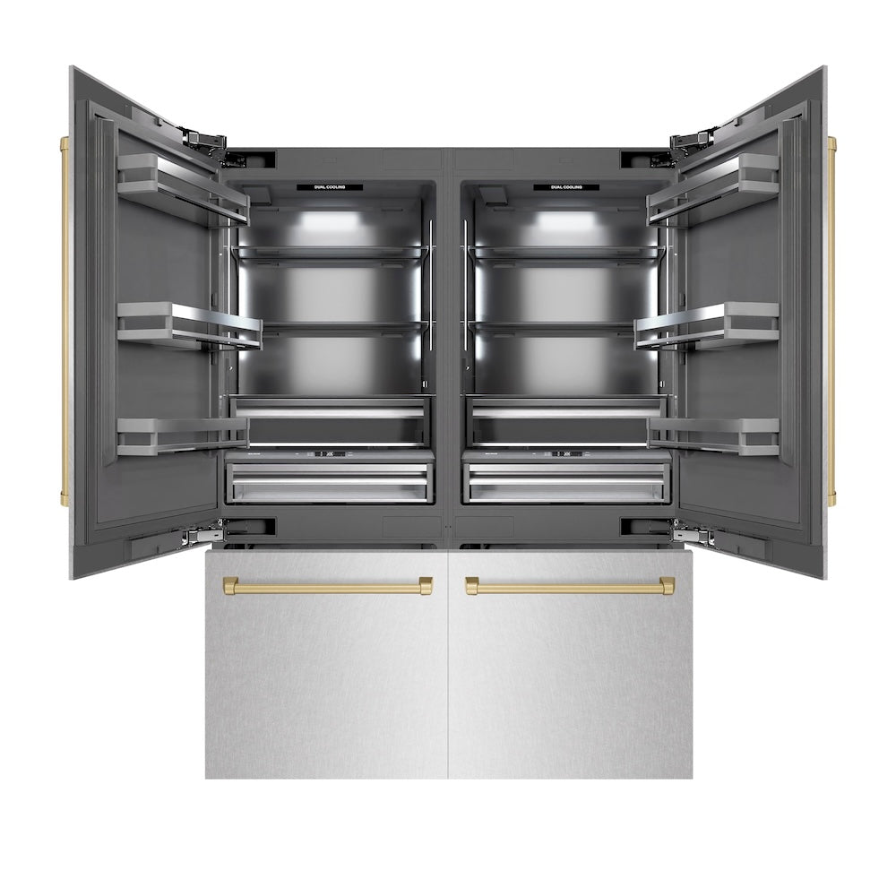 ZLINE Autograph Edition 60 in. 32.2 cu. ft. French Door Built-In Bottom Freezer Refrigerator with Water Dispenser and Ice Maker in DuraSnow® Stainless Steel with Graphite Gray Interior and Champagne Bronze Accents (GRBIVZ-SN-60-CB)