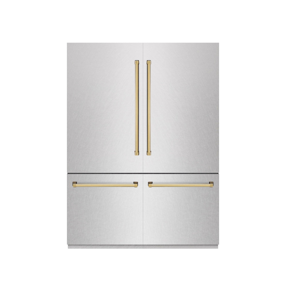 ZLINE Autograph Edition 60 in. 32.2 cu. ft. French Door Built-In Bottom Freezer Refrigerator with Water Dispenser and Ice Maker in DuraSnow® Stainless Steel with Graphite Gray Interior and Polished Gold Accents (GRBIVZ-SN-60-G)