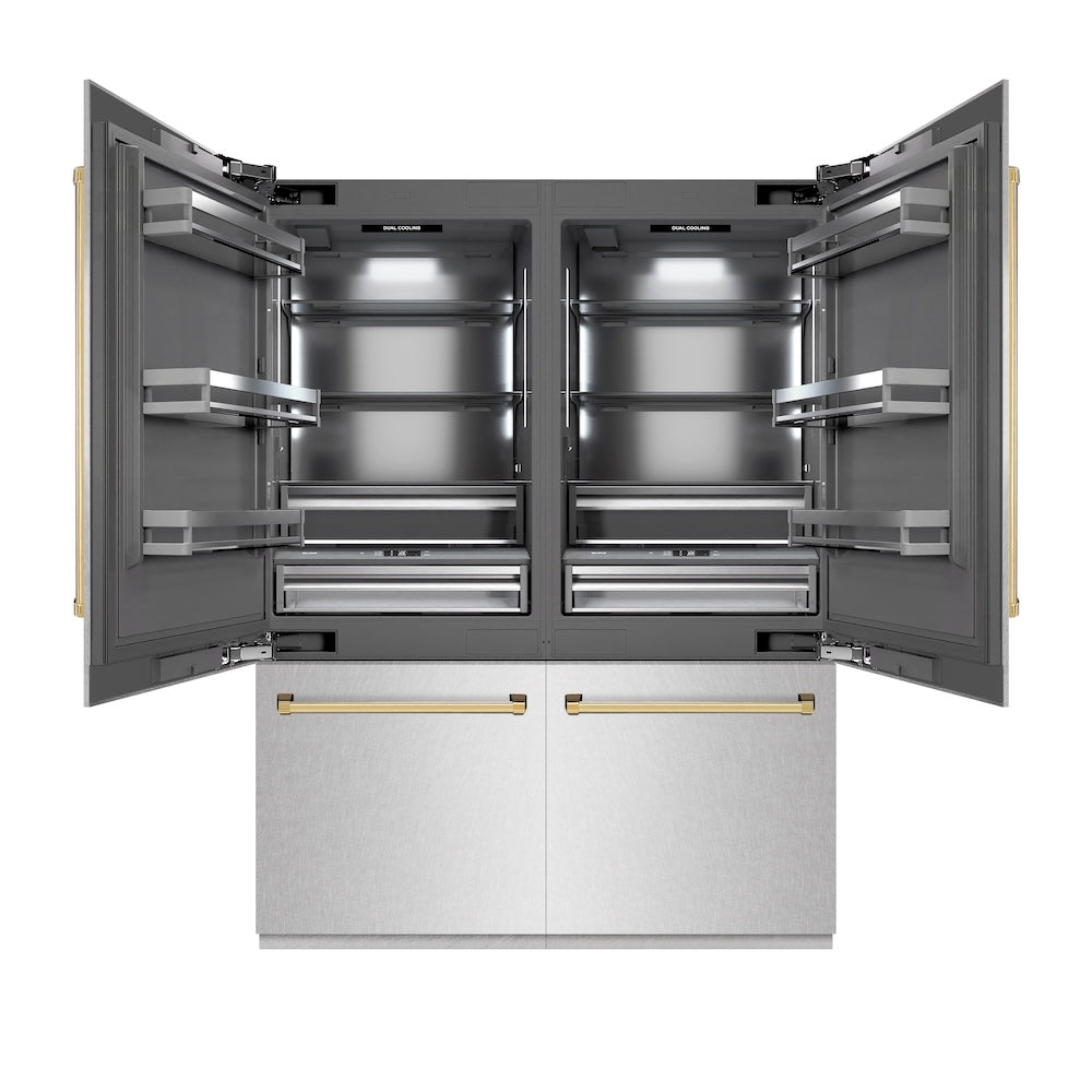 ZLINE Autograph Edition 60 in. 32.2 cu. ft. French Door Built-In Bottom Freezer Refrigerator with Water Dispenser and Ice Maker in DuraSnow® Stainless Steel with Graphite Gray Interior and Polished Gold Accents (GRBIVZ-SN-60-G)