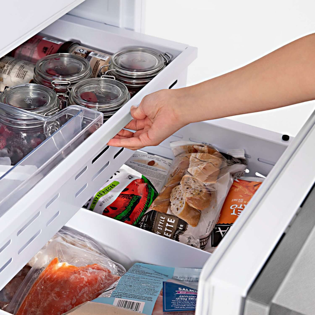 ZLINE Autograph Edition 30 in. 16.1 cu. ft. Built-In Bottom Freezer Refrigerator with Water Dispenser and Ice Maker in DuraSnow® Stainless Steel with Champagne Bronze Accents (RBIVZ-SN-30-CB)