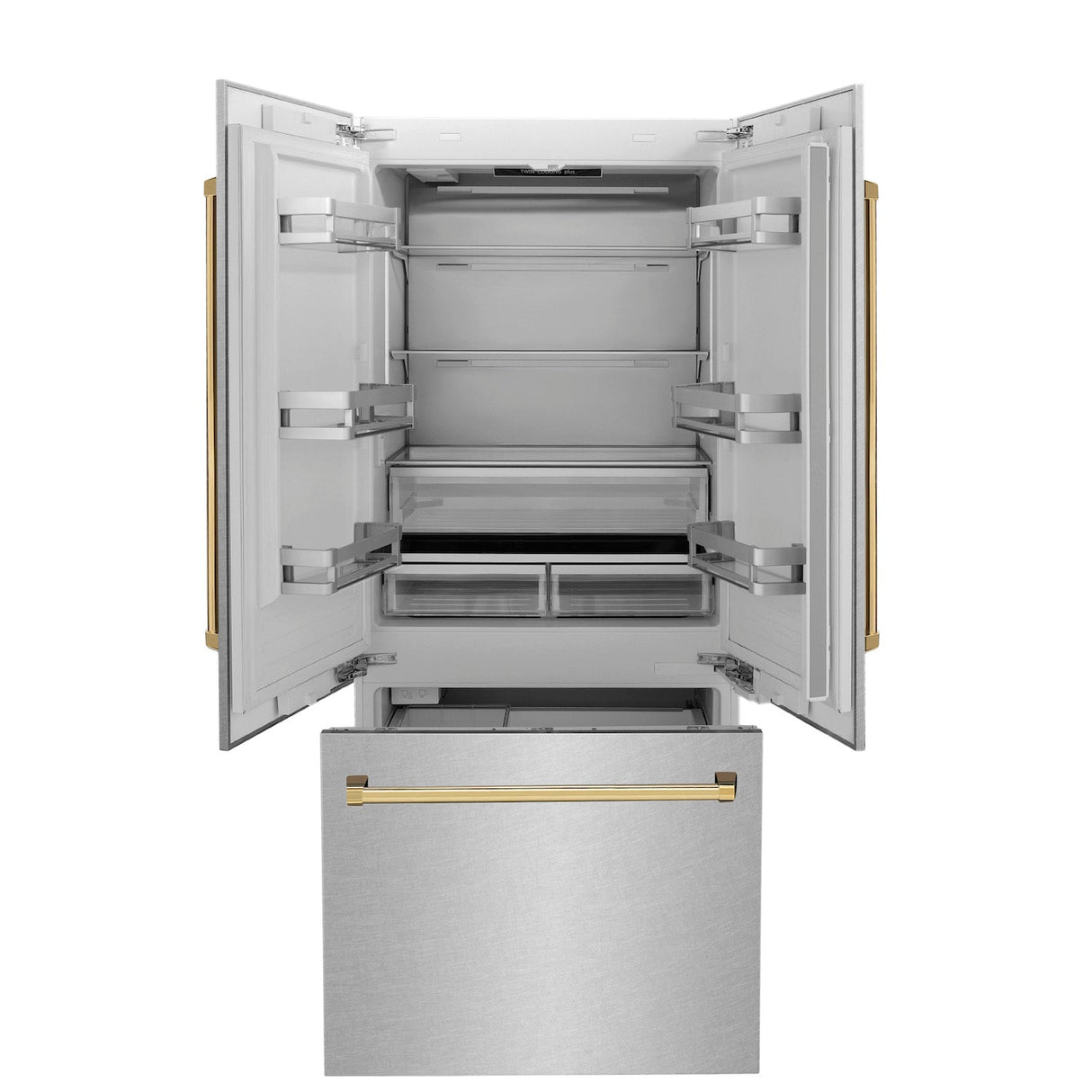 ZLINE Autograph Edition 36 in. 19.6 cu. ft. French Door Built-In Bottom Freezer Refrigerator with Water Dispenser and Ice Maker in DuraSnow® Stainless Steel with Polished Gold Accents (RBIVZ-SN-36-G)