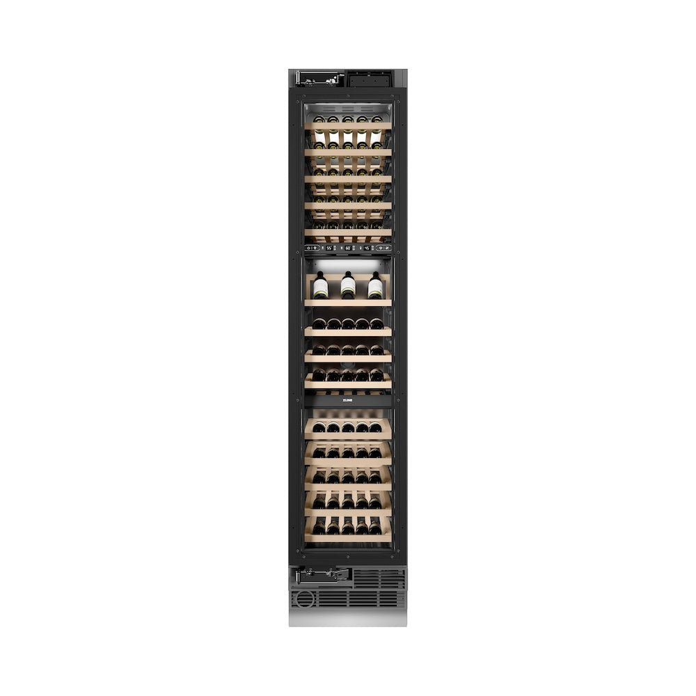 ZLINE Autograph Edition 18 in. 9.0 cu. ft. Triple Zone 68 Bottle Panel Ready Left Hinge Column Wine Cooler with Champagne Bronze Accents (RBCWVLZ-18-CB)