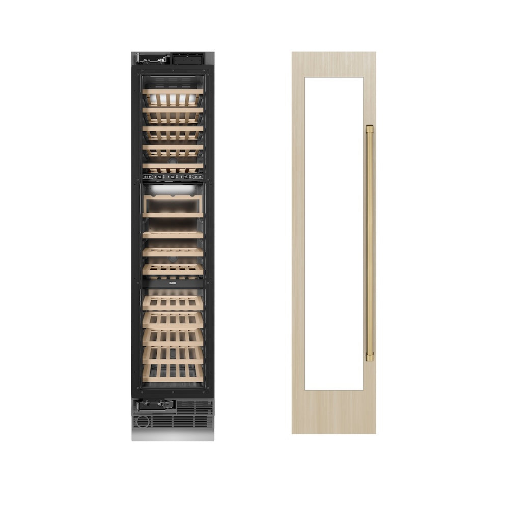 ZLINE Autograph Edition 18 in. 9.0 cu. ft. Triple Zone 68 Bottle Panel Ready Left Hinge Column Wine Cooler with Champagne Bronze Accents (RBCWVLZ-18-CB)
