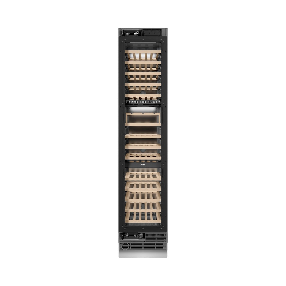 ZLINE Autograph Edition 18 in. 9.0 cu. ft. Triple Zone 68 Bottle Panel Ready Left Hinge Column Wine Cooler with Polished Gold Accents (RBCWVLZ-18-G)