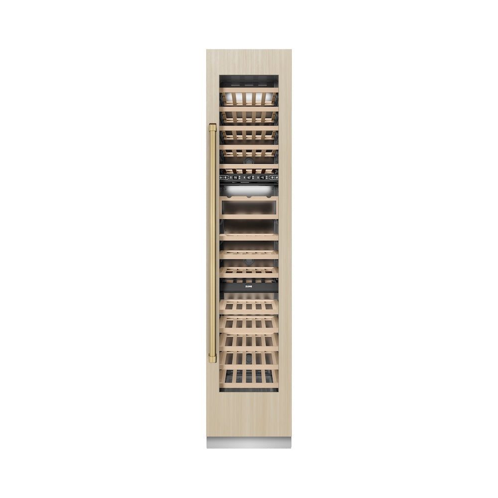 ZLINE Autograph Edition 18 in. 9.0 cu. ft. Triple Zone 68 Bottle Panel Ready Right Hinge Column Wine Cooler with Champagne Bronze Accents (RBCWVRZ-18-CB)