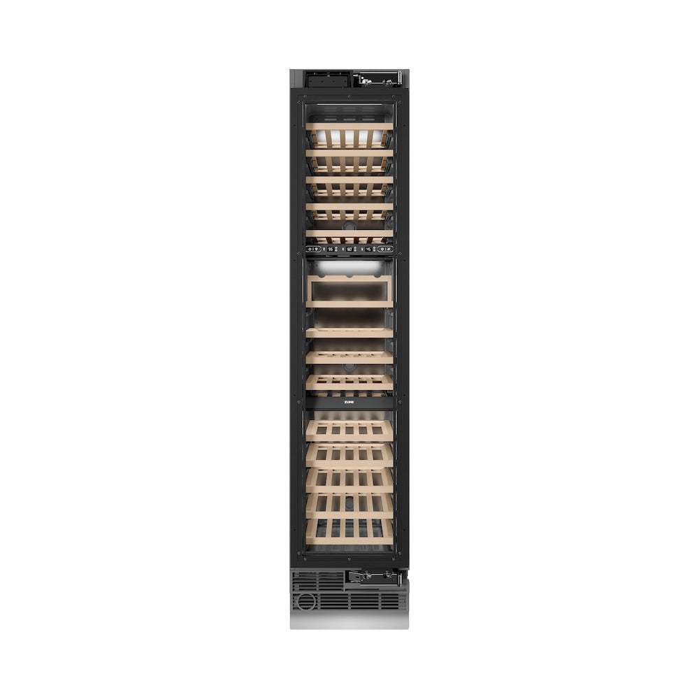 ZLINE Autograph Edition 18 in. 9.0 cu. ft. Triple Zone 68 Bottle Panel Ready Right Hinge Column Wine Cooler with Champagne Bronze Accents (RBCWVRZ-18-CB)