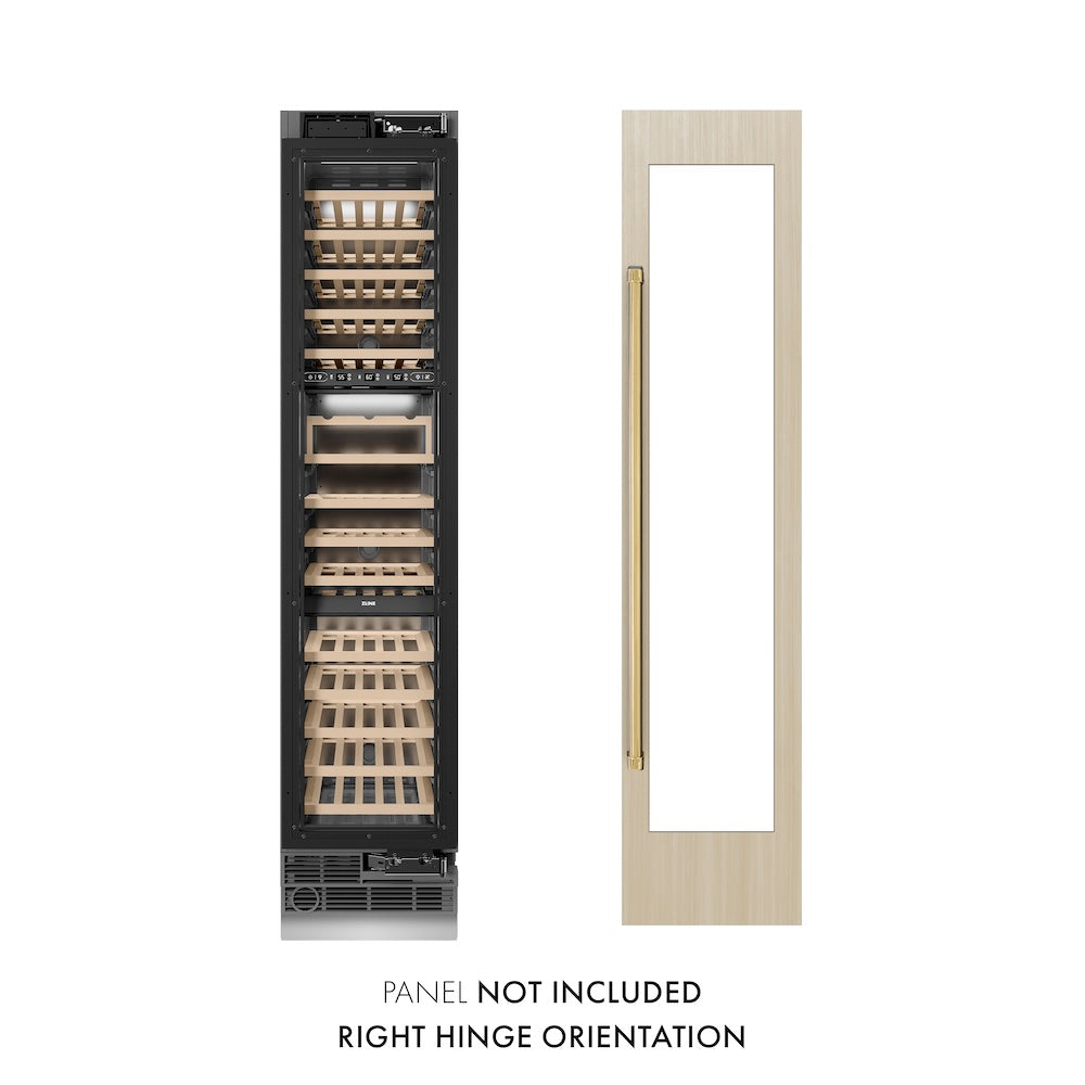 ZLINE Autograph Edition 18 in. 9.0 cu. ft. Triple Zone 68 Bottle Panel Ready Right Hinge Column Wine Cooler with Polished Gold Accents (RBCWVRZ-18-G)