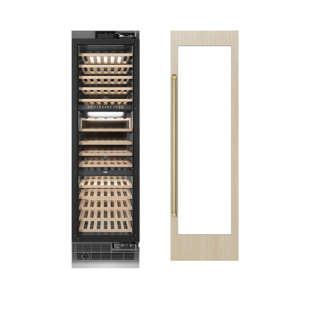 ZLINE Autograph Edition 24 in. 12.4 cu. ft. Triple Zone 100 Bottle Panel Ready Column Wine Cooler with Champagne Bronze Accents (RBCWVZ-24-CB)