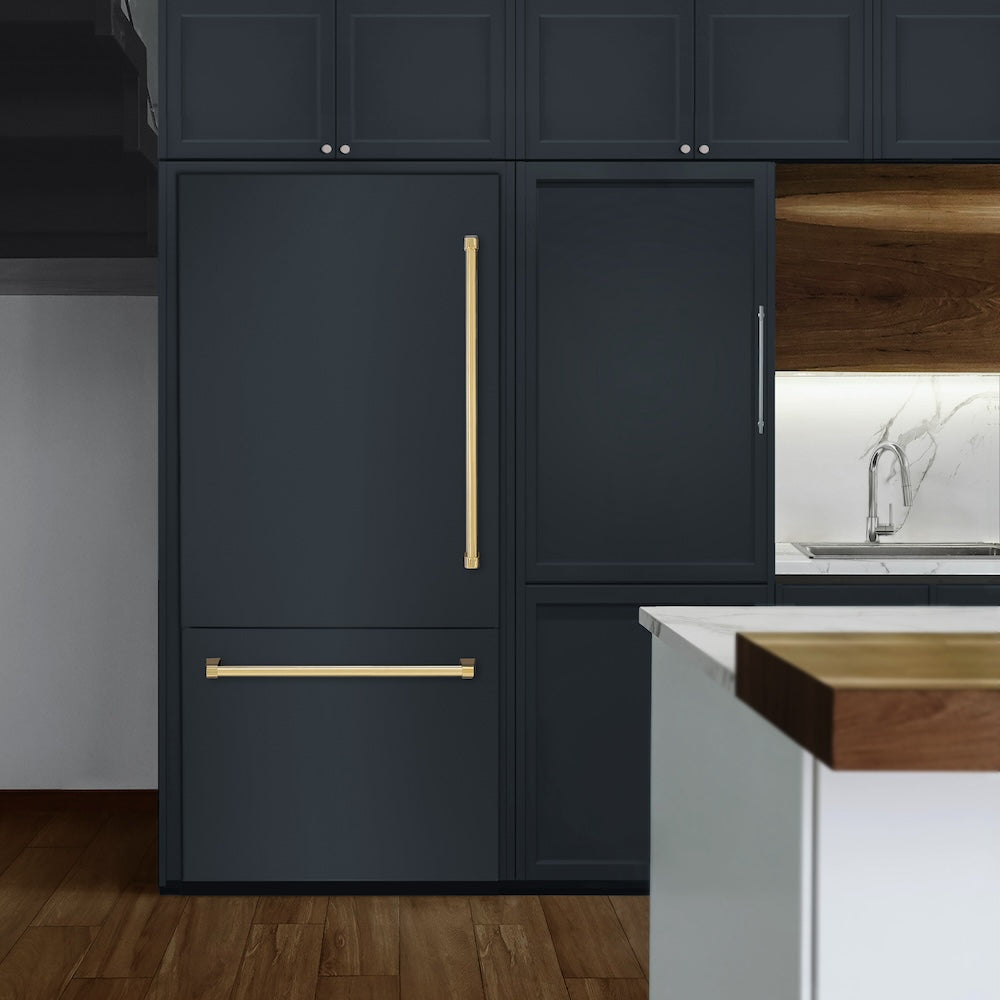 ZLINE Autograph Edition 36 in. 19.8 cu. ft. Panel Ready Built-In Bottom Freezer Refrigerator with Water Dispenser and Ice Maker with Polished Gold Accents (RBITZ-36-G)