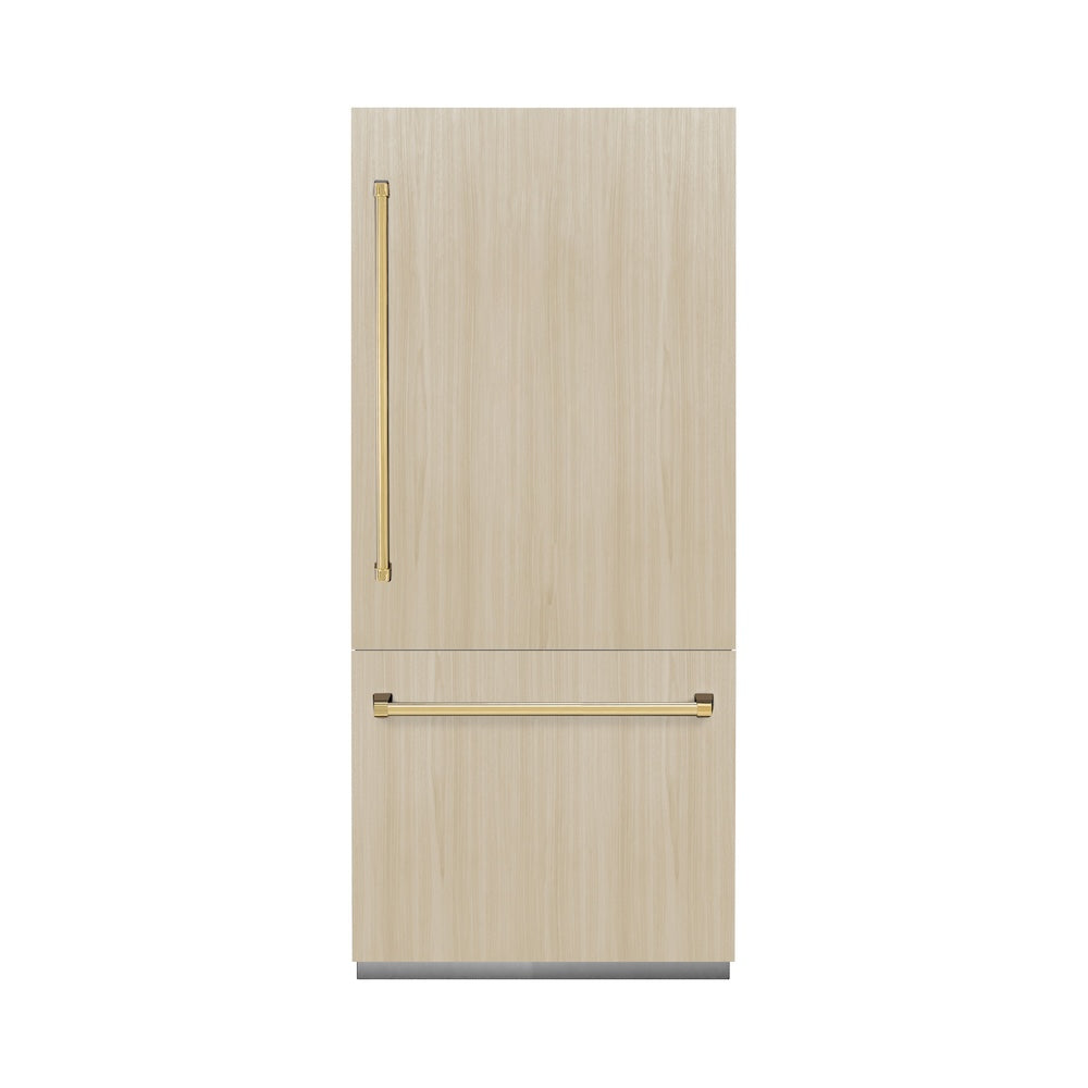 ZLINE Autograph Edition 36 in. 19.8 cu. ft. Panel Ready Built-In Bottom Freezer Refrigerator with Water Dispenser and Ice Maker with Polished Gold Accents (RBITZ-36-G)