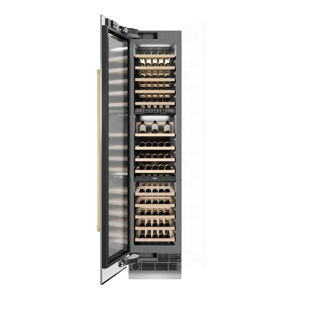 ZLINE Autograph Edition 18 in. 9.0 cu. ft. Triple Zone 68 Bottle Left Hinge Column Wine Cooler in Stainless Steel with Polished Gold Accents (RCWVLZ-30418-G)