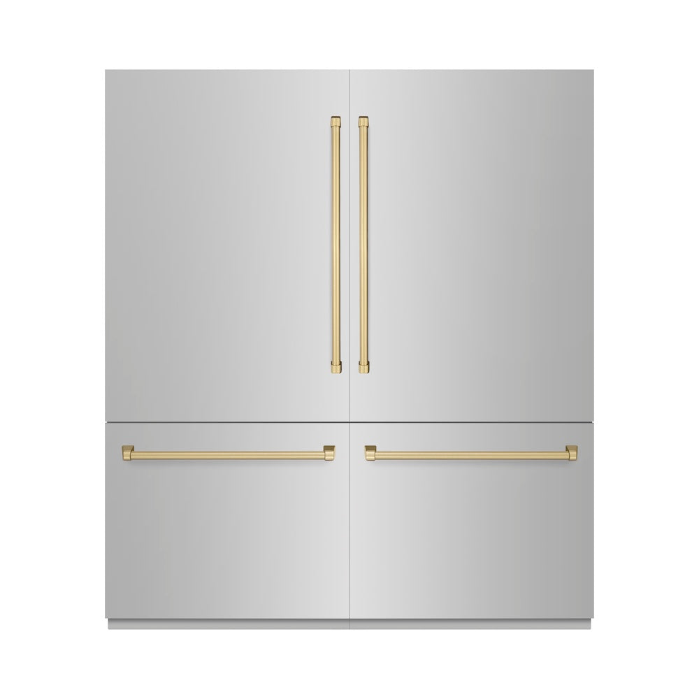 ZLINE Autograph Edition 72 in. 39.6 cu. ft. French Door Built-In Bottom Freezer Refrigerator with Water Dispensers and Ice Makers in Stainless Steel with Graphite Gray Interior and Champagne Bronze Accents (GRBITZ-304-72CB)