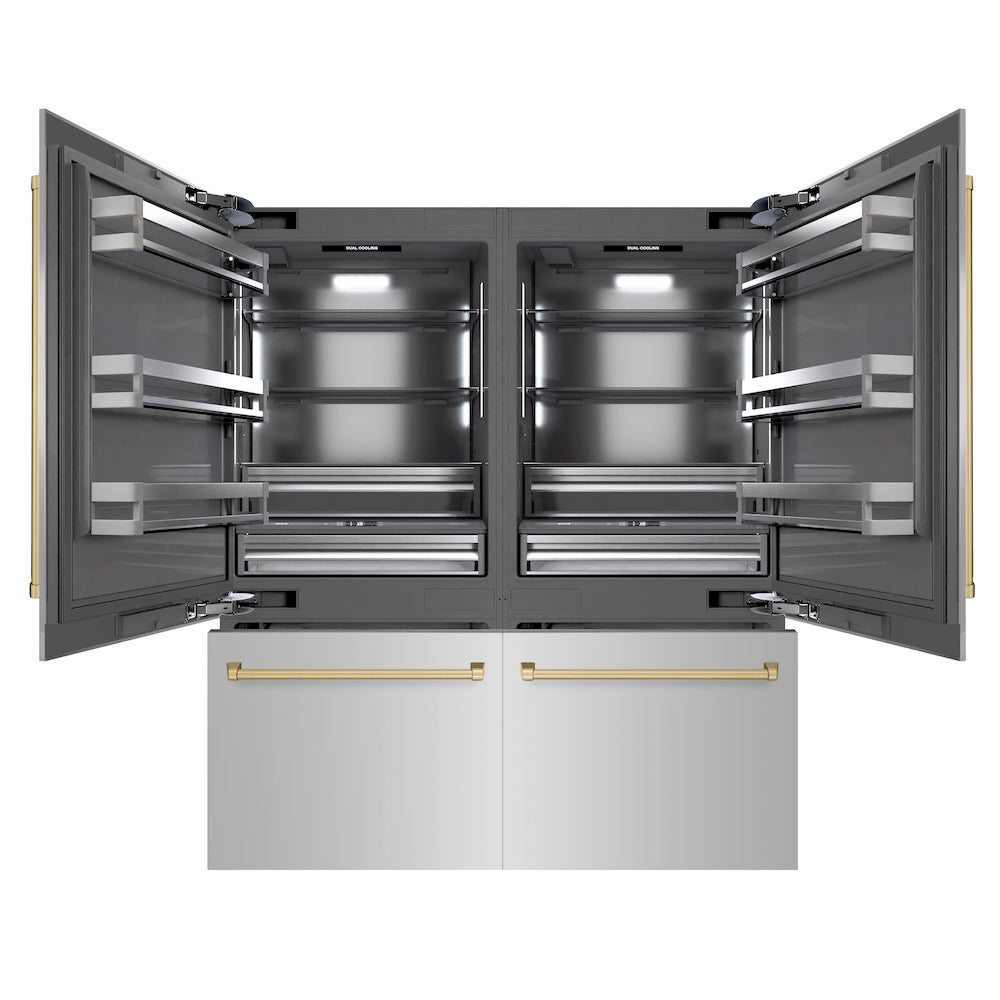 ZLINE Autograph Edition 72 in. 39.6 cu. ft. French Door Built-In Bottom Freezer Refrigerator with Water Dispensers and Ice Makers in Stainless Steel with Graphite Gray Interior and Champagne Bronze Accents (GRBITZ-304-72CB)