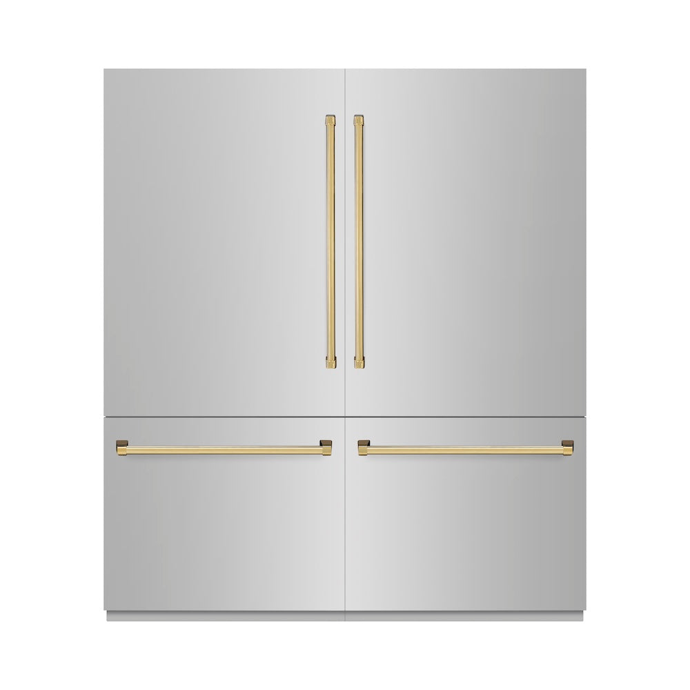ZLINE Autograph Edition 72 in. 39.6 cu. ft. French Door Built-In Bottom Freezer Refrigerator with Water Dispensers and Ice Makers in Stainless Steel with Graphite Gray Interior and Polished Gold Accents (GRBITZ-304-72G)