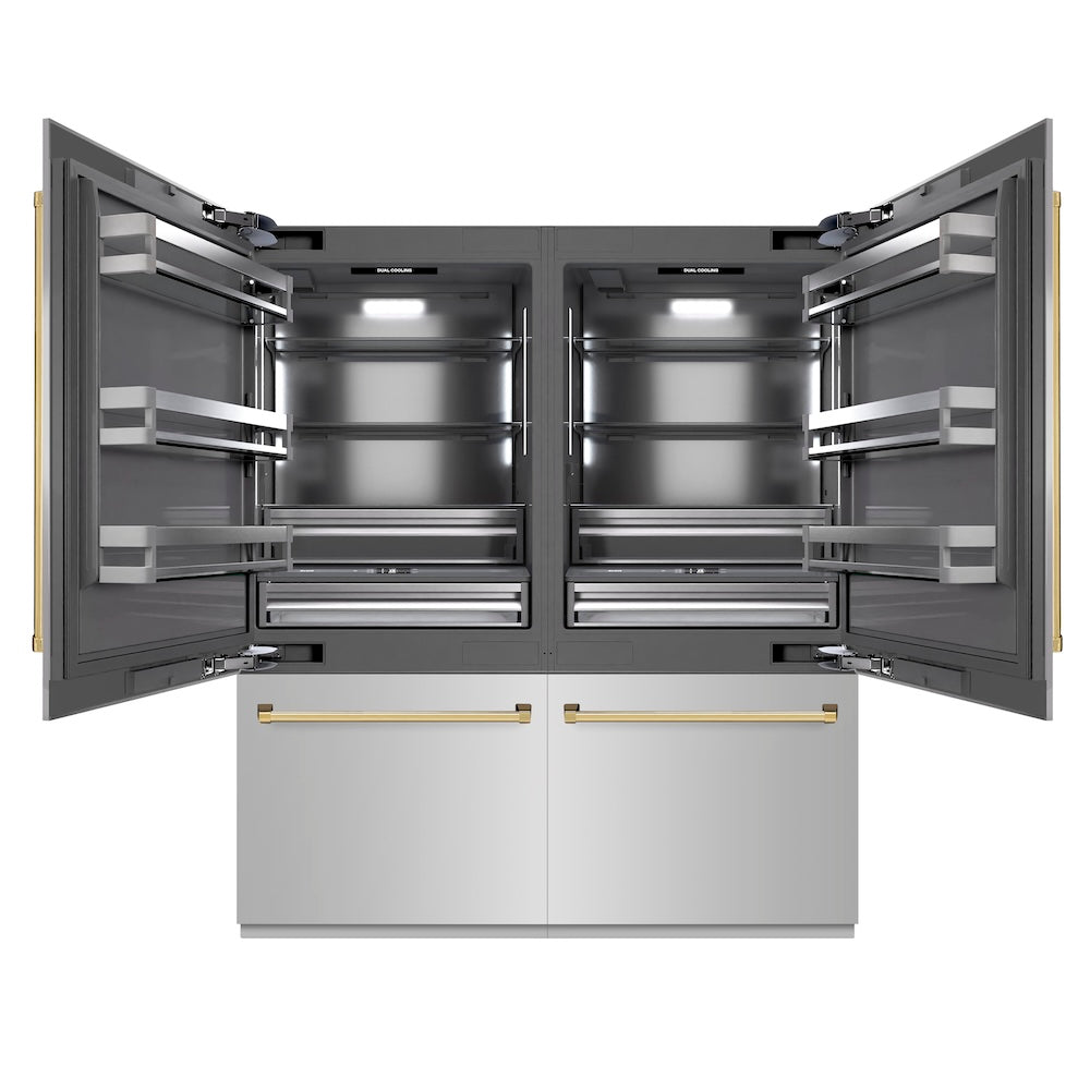 ZLINE Autograph Edition 72 in. 39.6 cu. ft. French Door Built-In Bottom Freezer Refrigerator with Water Dispensers and Ice Makers in Stainless Steel with Graphite Gray Interior and Polished Gold Accents (GRBITZ-304-72G)