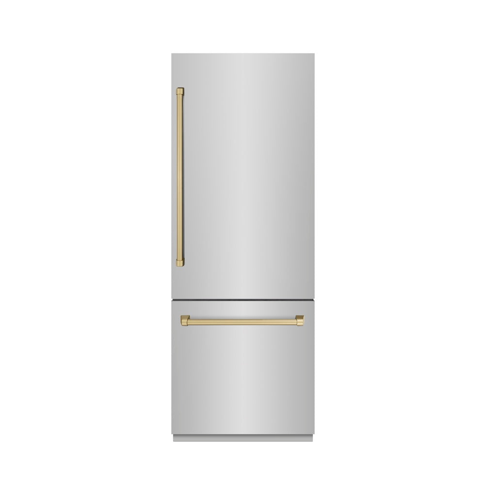 ZLINE Autograph Edition 30 in. 16.1 cu. ft. Built-In Bottom Freezer Refrigerator with Water Dispenser and Ice Maker in Stainless Steel with Graphite Gray Interior and Champagne Bronze Accents (GRBIVZ-304-30CB)