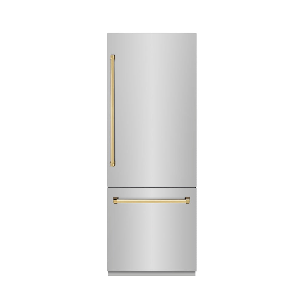 ZLINE Autograph Edition 30 in. 16.1 cu. ft. Built-In Bottom Freezer Refrigerator with Water Dispenser and Ice Maker in Stainless Steel with Graphite Gray Interior and Polished Gold Accents (GRBIVZ-304-30G)