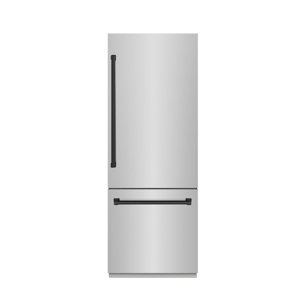 ZLINE Autograph Edition 30 in. 16.1 cu. ft. Built-In Bottom Freezer Refrigerator with Water Dispenser and Ice Maker in Stainless Steel with Graphite Gray Interior and Matte Black Accents (GRBIVZ-304-30MB)